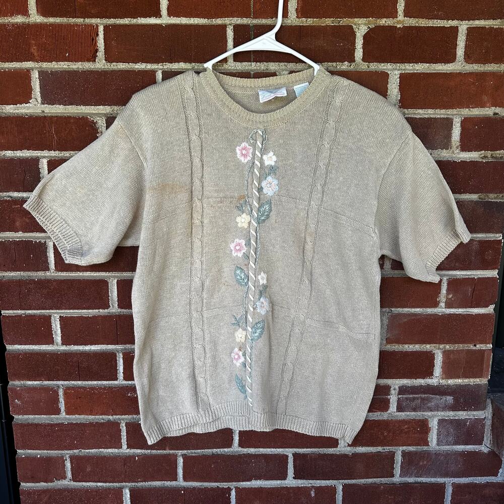 Vintage Dana Scott Floral Embroidered Knit Sweater Top Medium 80s 90s